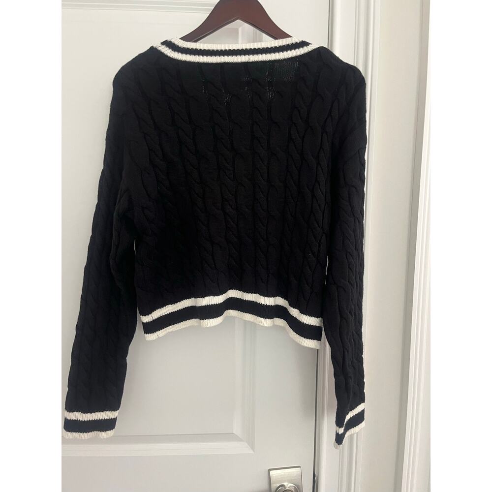 House of Harlow 1960 v-neck crop cable sweater black white Sz. M - Picture 4 of 6